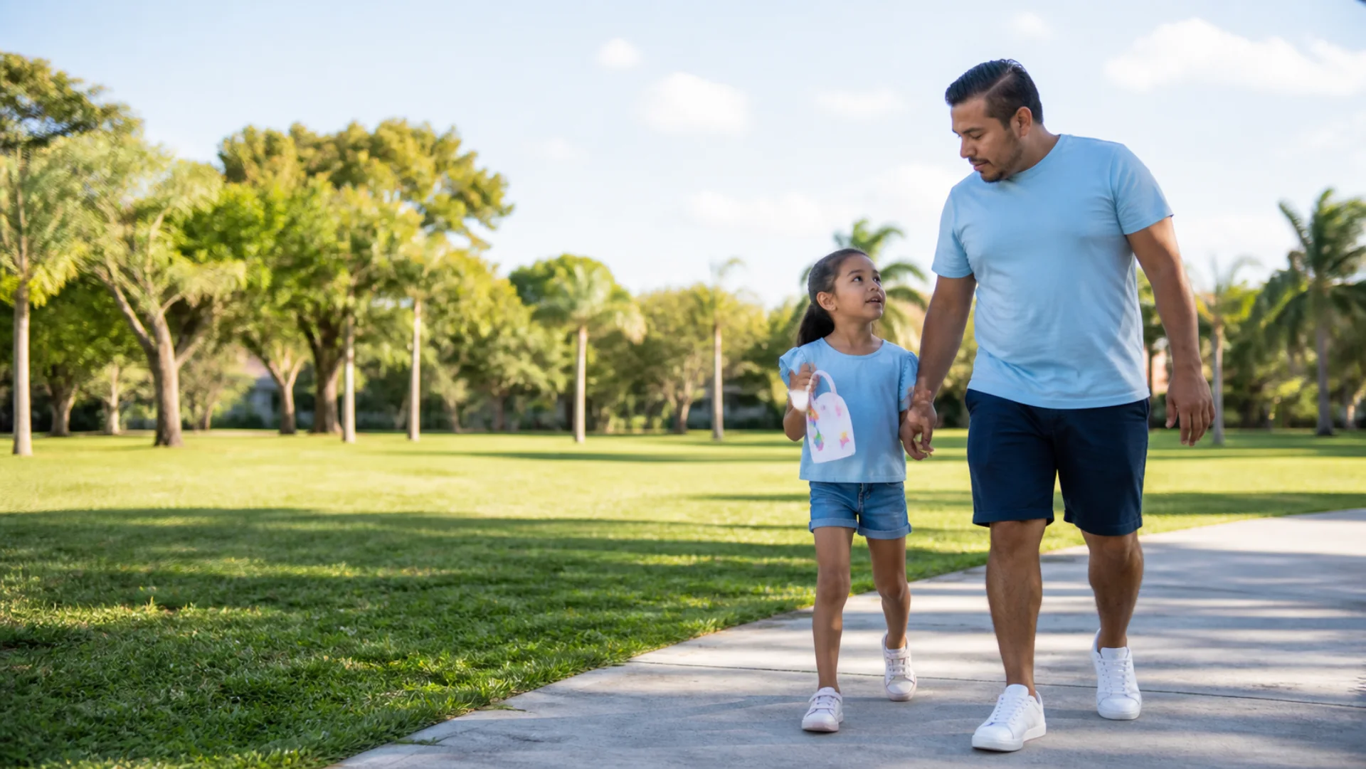 A father and daughter walking and talking together in a park