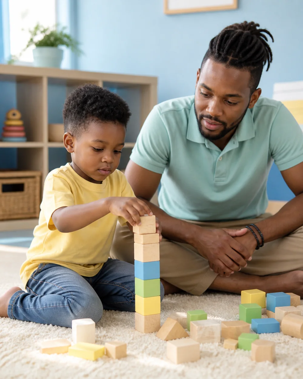 A preschool child building a block tower with support from a therapist