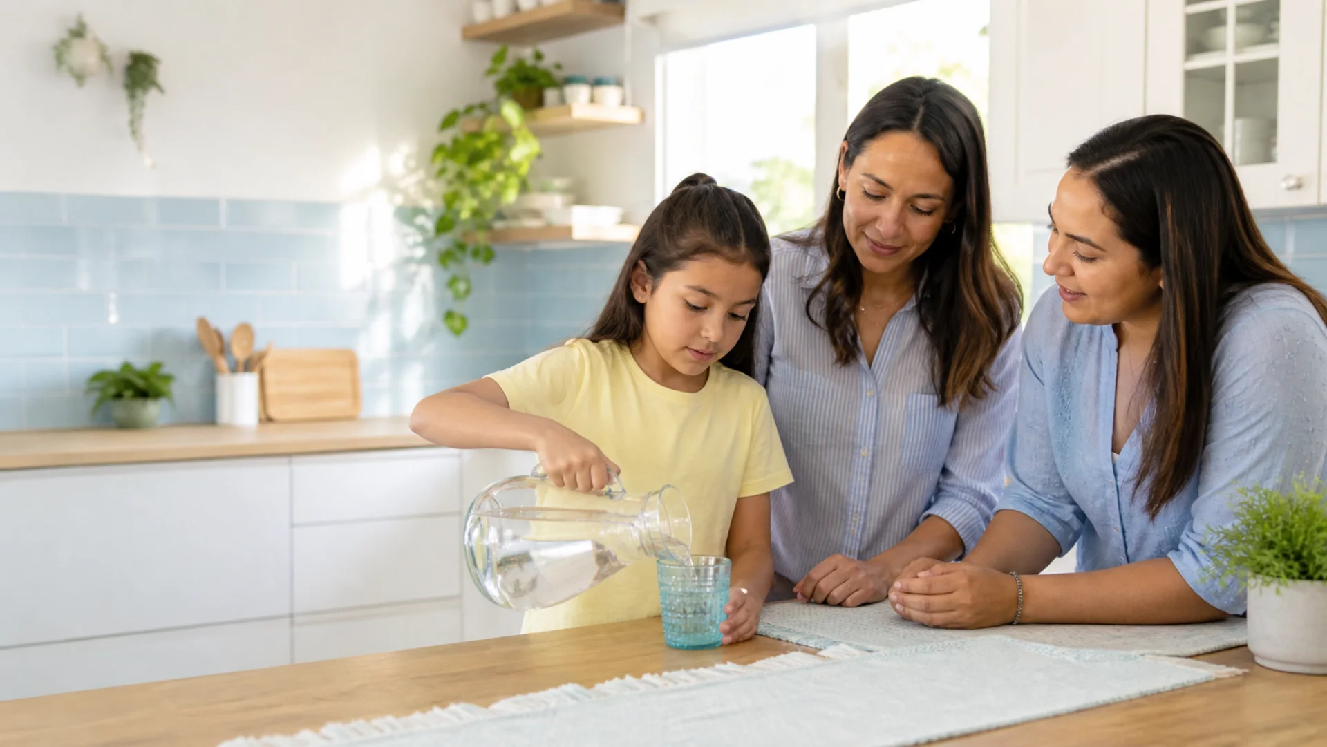 A child practicing an everyday kitchen routine with her mother and therapist
