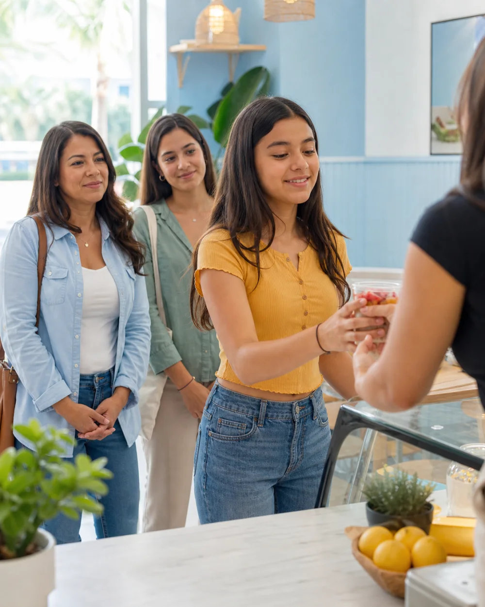 A teenager practicing a community routine with support from her mother and therapist